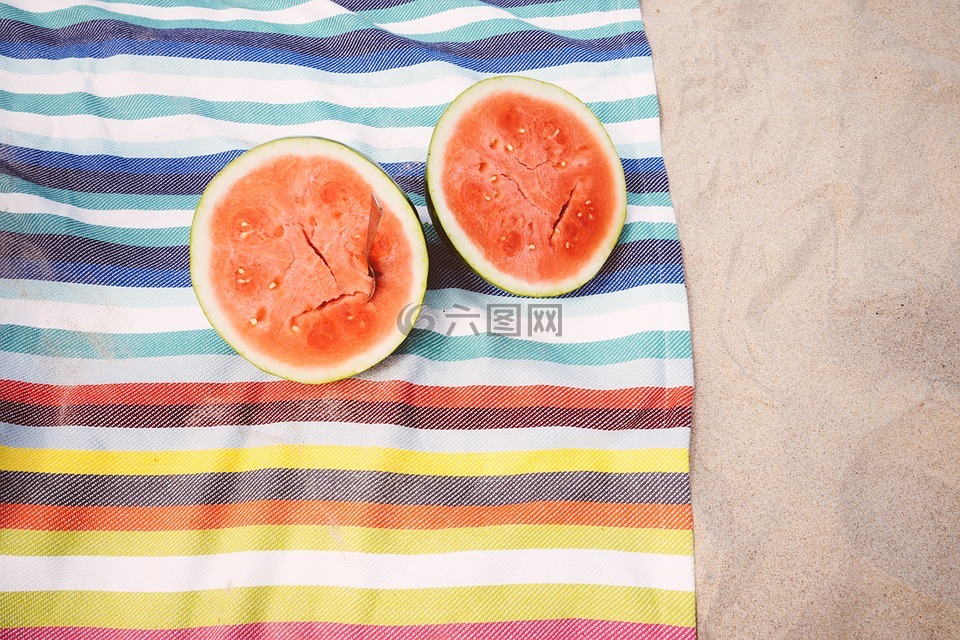 海滩,毯子,水果