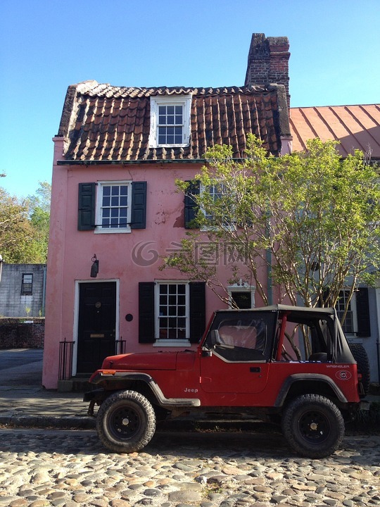 汽车,美国,粉红色的房子