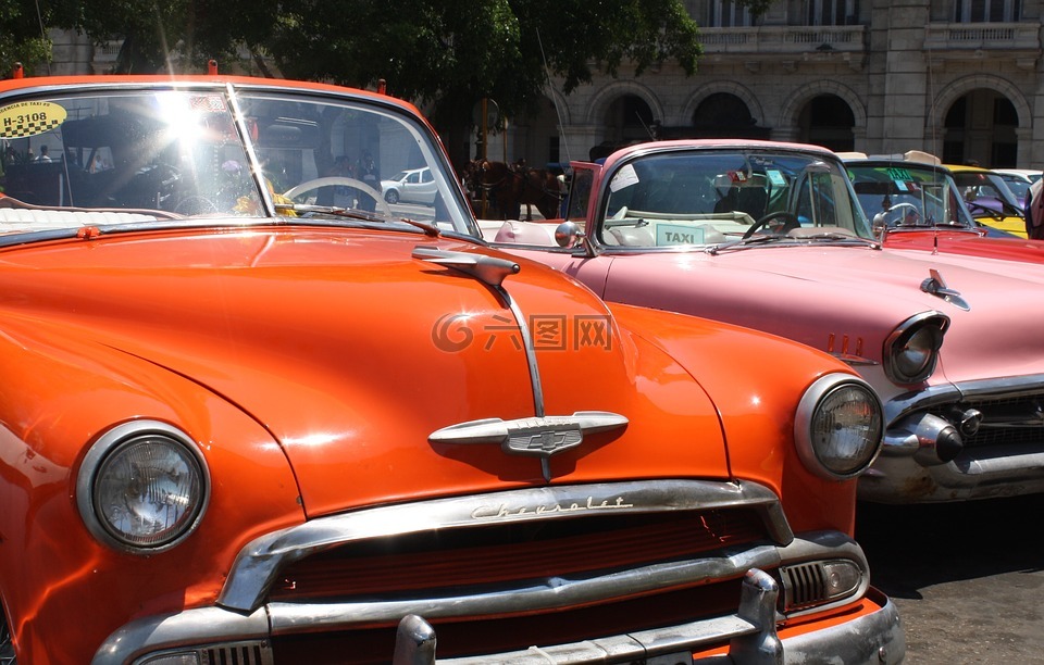 古巴,老爷车,橙色