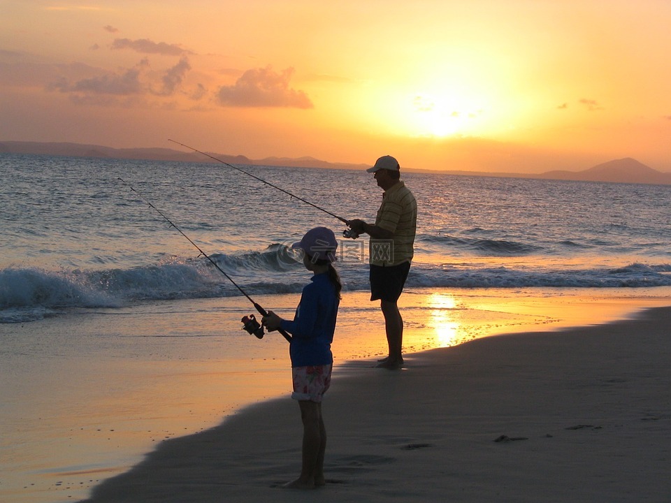 钓鱼,父亲,女儿