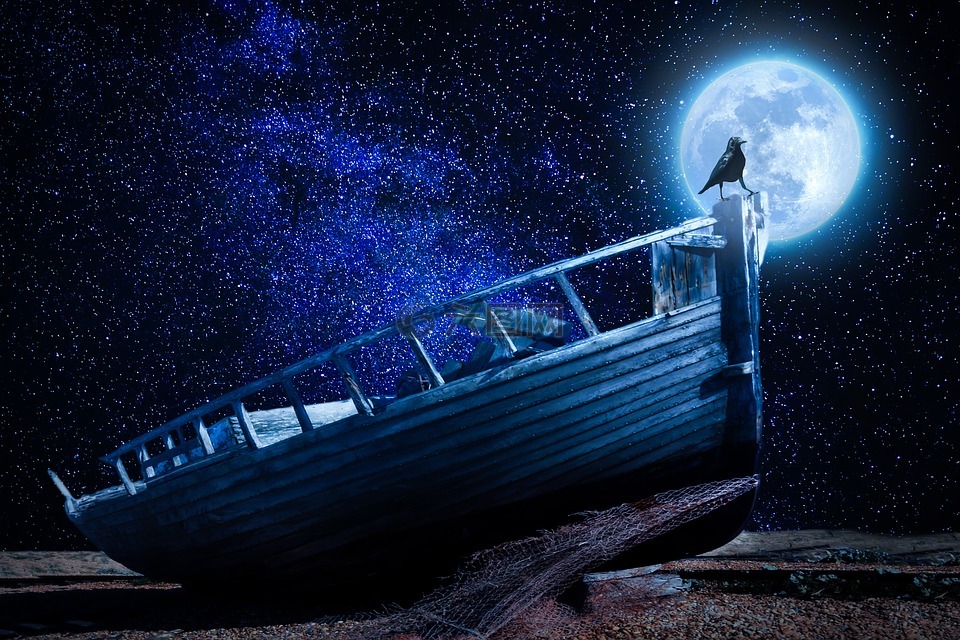 月光,引导,旧船