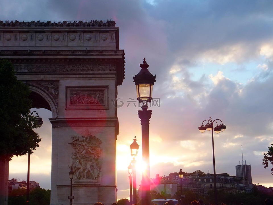 凯旋门,日落,巴黎