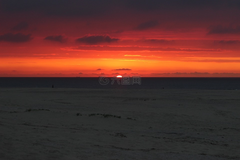 ameland,日落,海滩