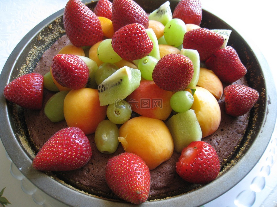 巧克力蛋糕与水果山,颜色,水果