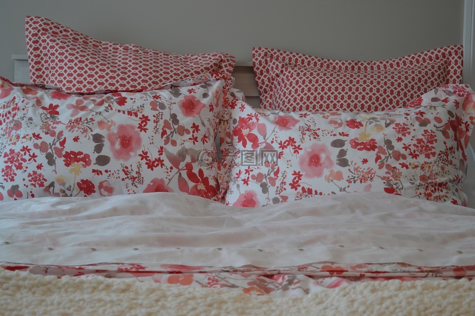 枕头,花的,床