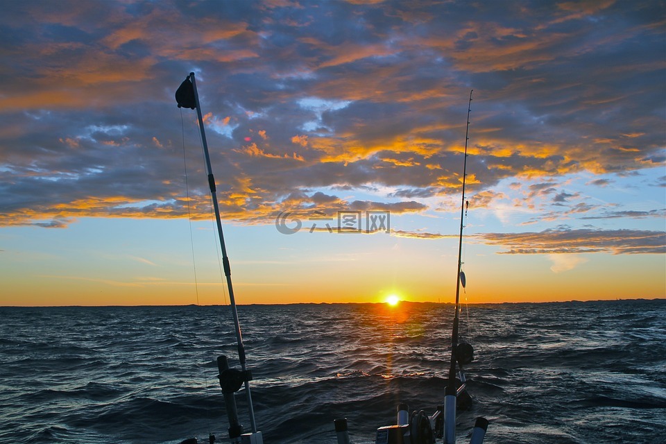 早上钓鱼,钓鱼,日出