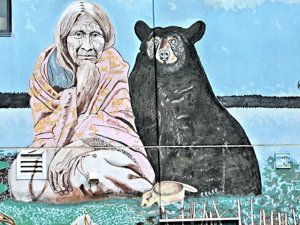 壁画,原住民的印度女子,黑熊