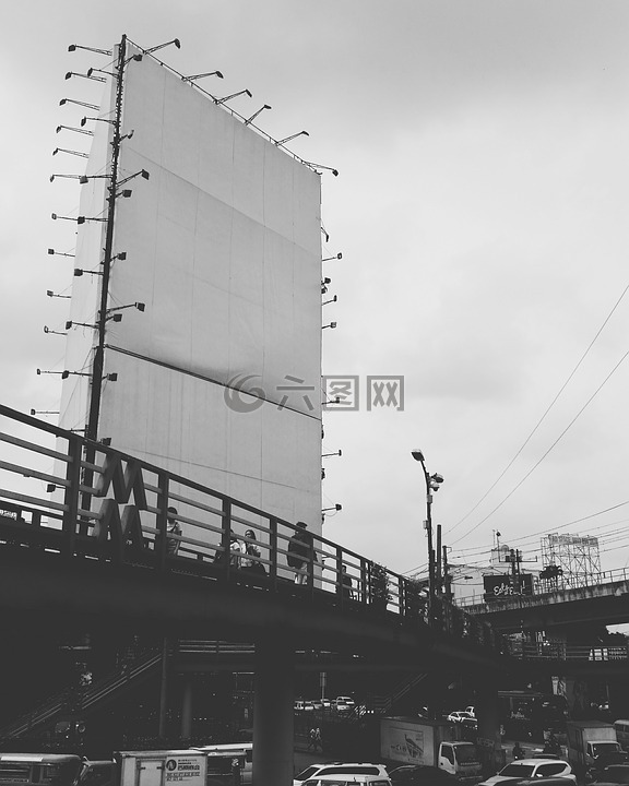 空白广告牌,行人天桥,黑色和白色