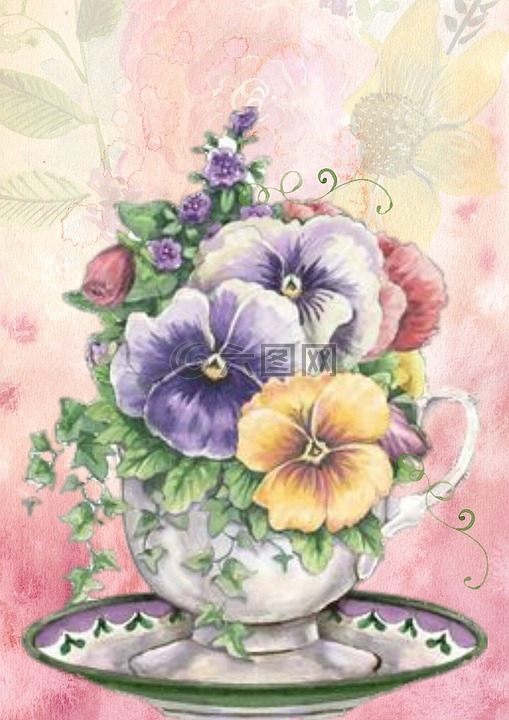 墙体艺术,茶杯,鲜花