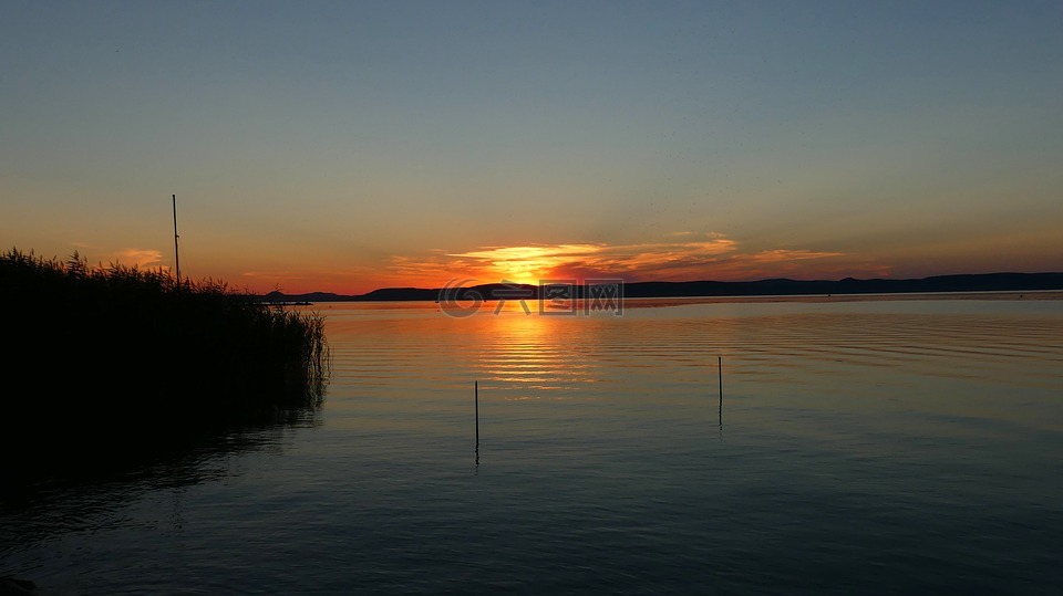 日落,巴拉顿湖,湖