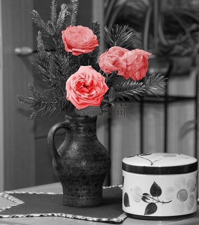 野玫瑰,花瓶,鲜花