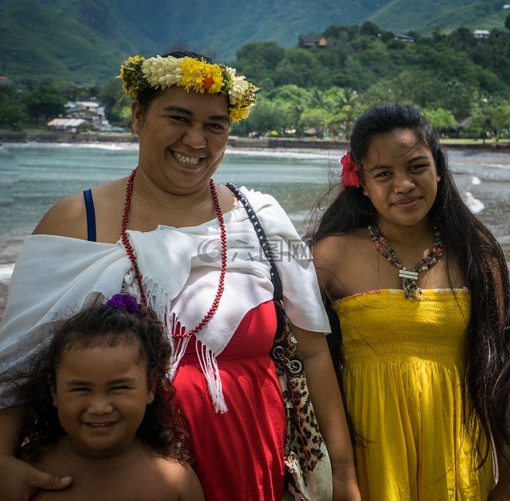玻利尼西亚人家庭,肖像,海滩
