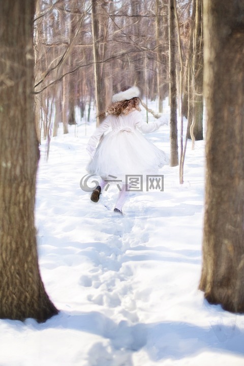 雪,冬天,小女孩奔跑