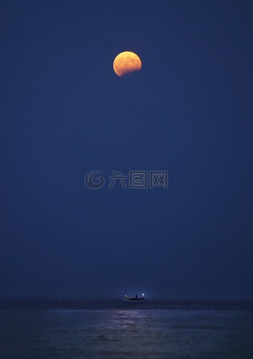 月亮,海,船