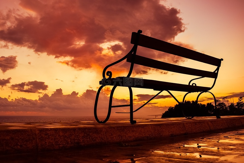 长凳,日落,天空