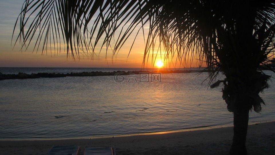 库拉索岛,日落,加勒比海