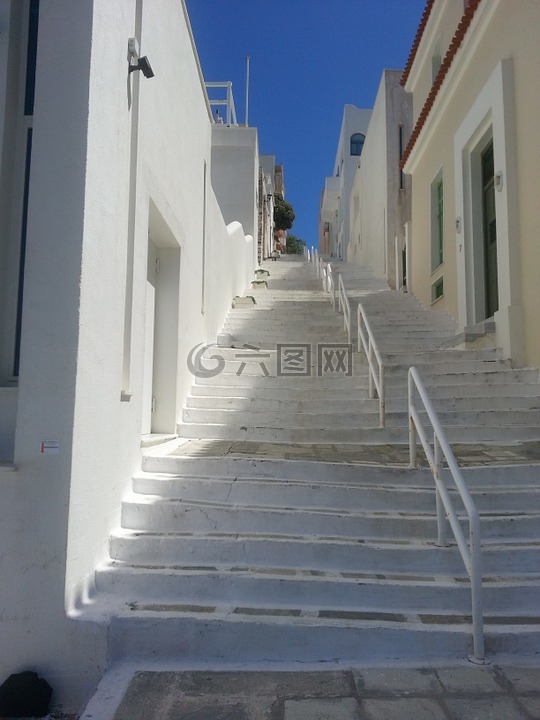 希腊,楼梯,白色的房子