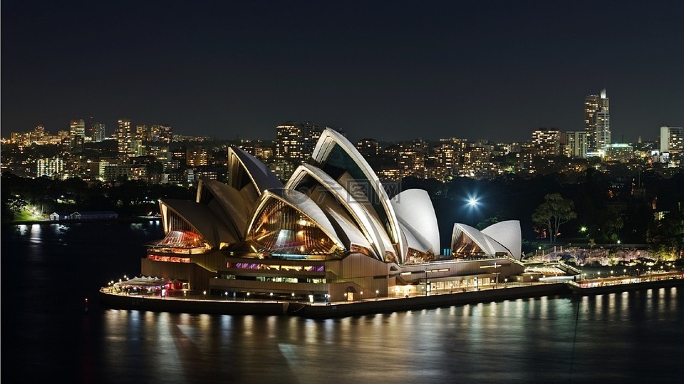 悉尼歌剧院,夜,海港