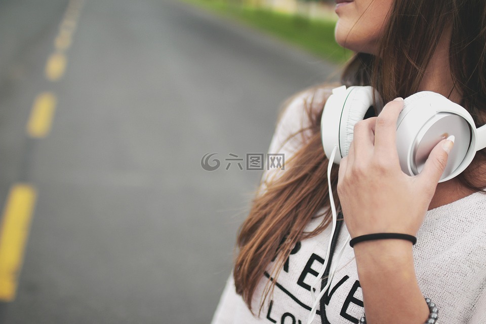 女孩,音乐,头戴式耳机
