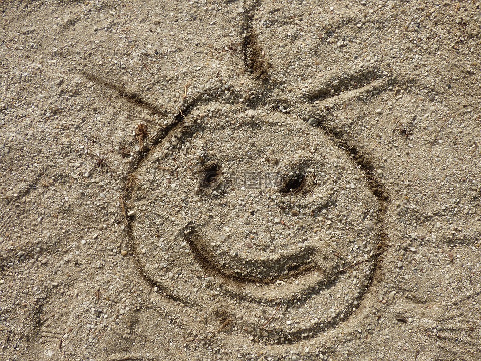 砂,海滩,一个微笑