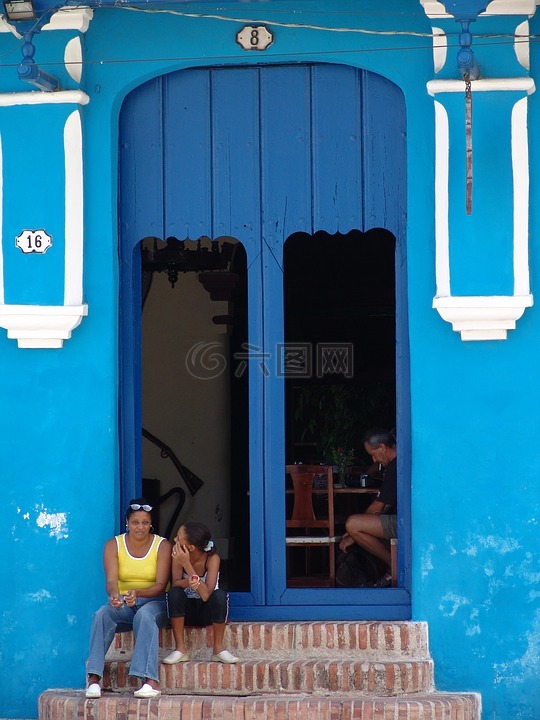 古巴,老房子,蓝色的房子