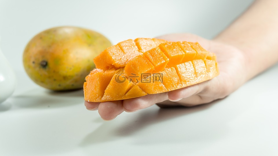 芒果,切片,手上