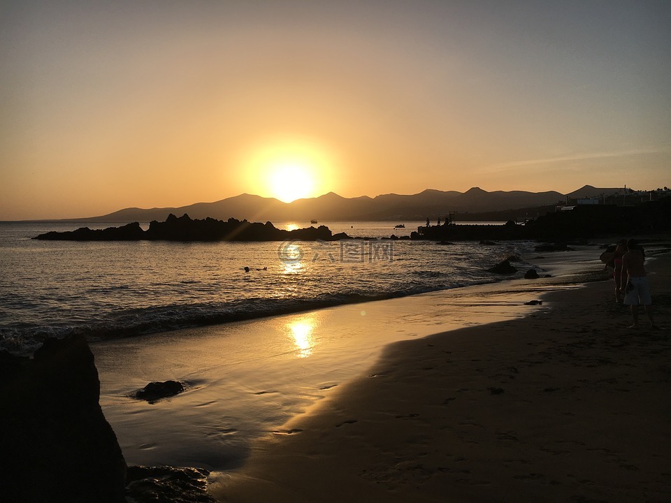 日落,兰萨罗特岛,海滩