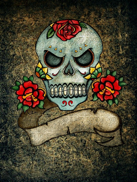 骷髅和交叉骨,玫瑰,背景