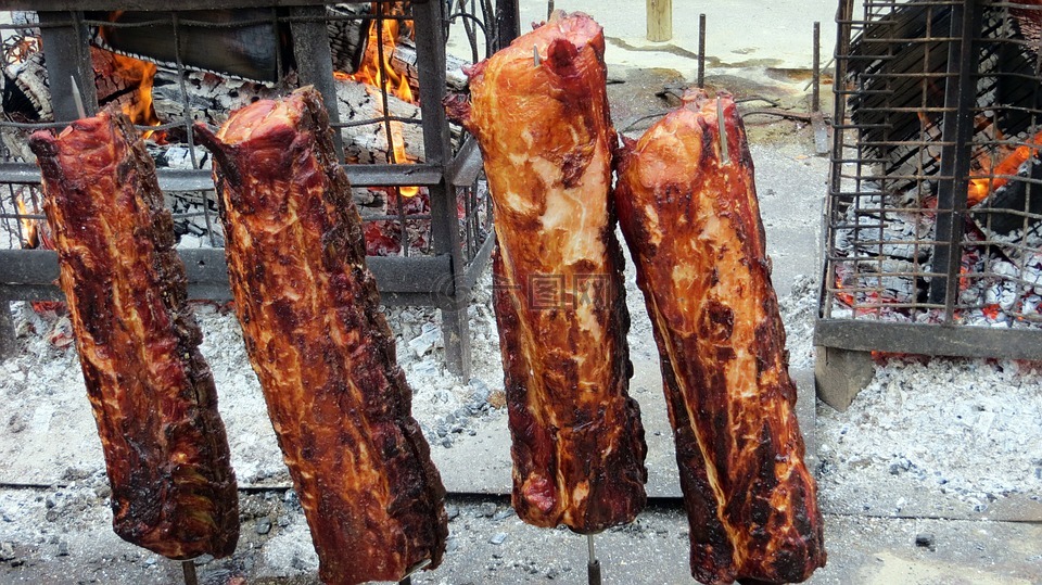 肉,熏猪排,火