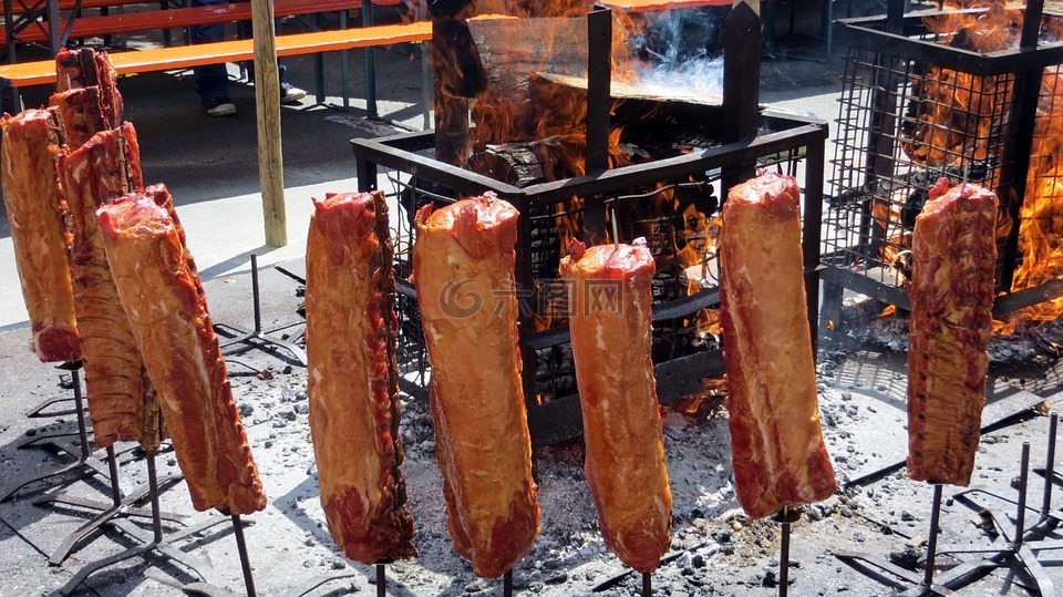 肉,熏猪排,火