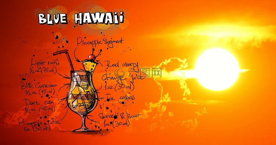 蓝色夏威夷,鸡尾酒,日落