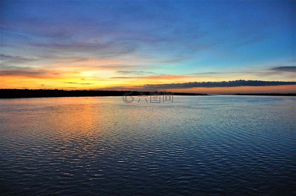 日落,洞里萨,湖