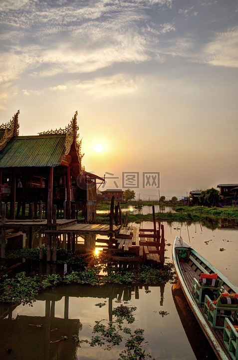缅甸,茵莱湖,日落