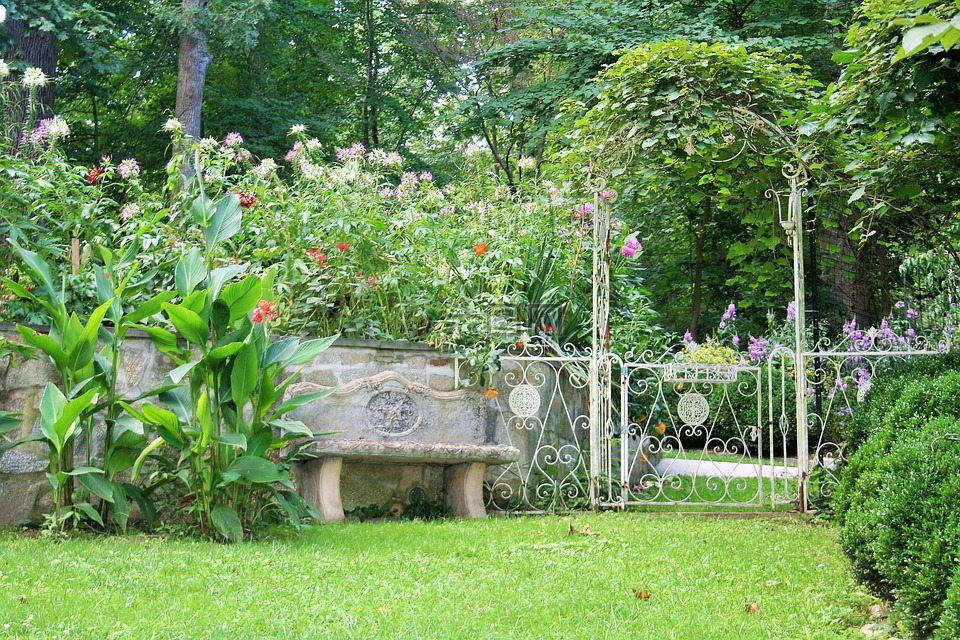 夏天花园,花园长凳,绿色草坪