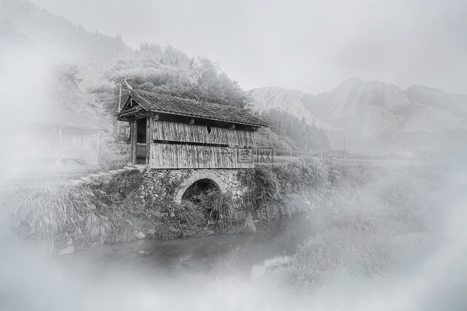 薄雾,廊桥,山村