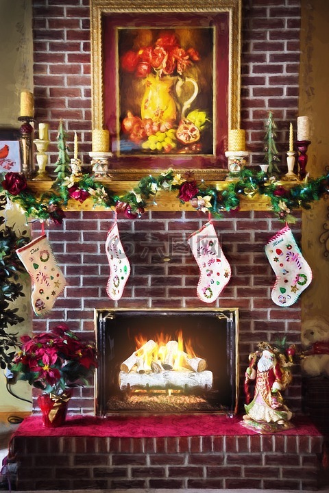 圣诞壁炉,壁炉里的火,壁炉