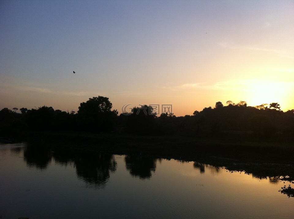 日落,河岸边,斯里兰卡