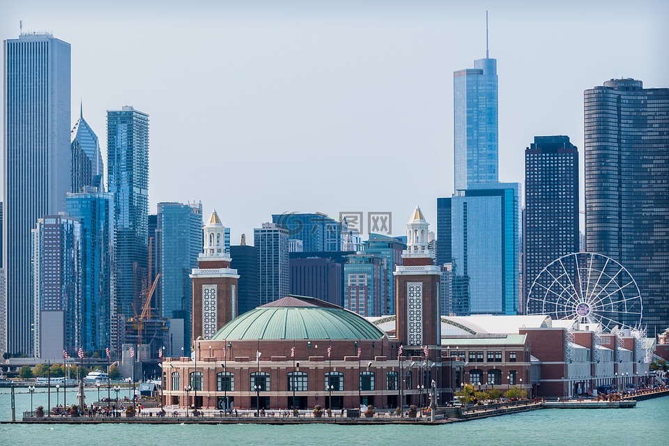 海军码头,芝加哥天际线,河景