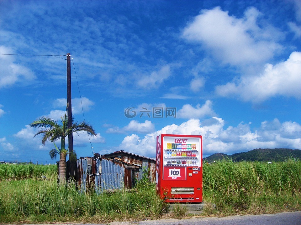 石垣岛,蓝色的天空,自动售货机