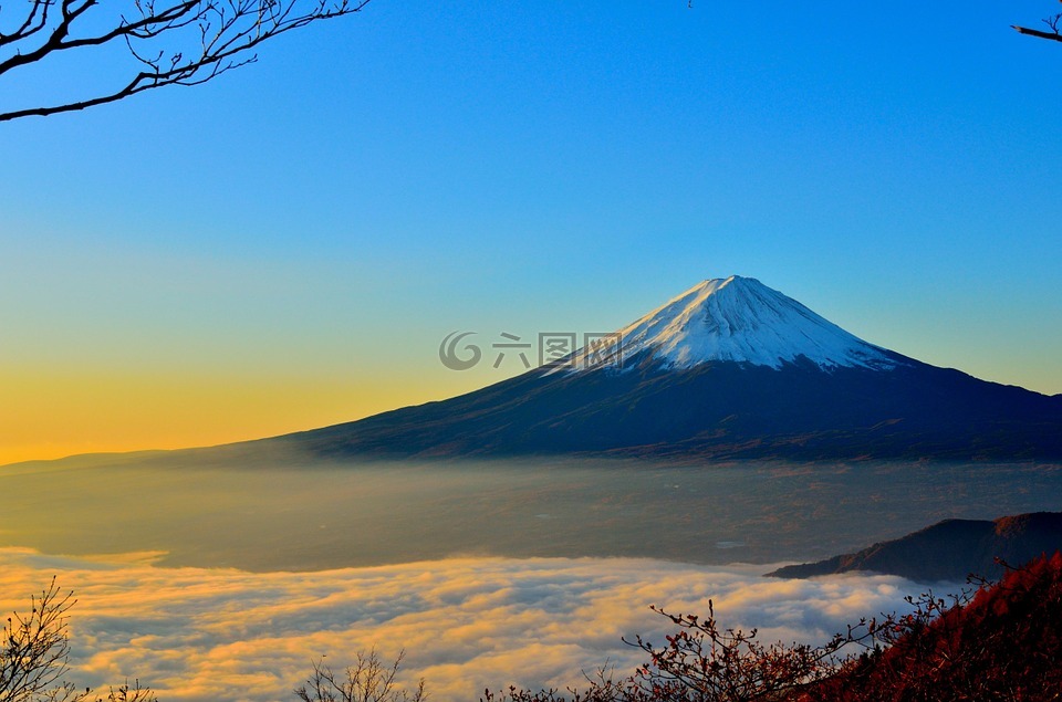 富士山,海的云,日出