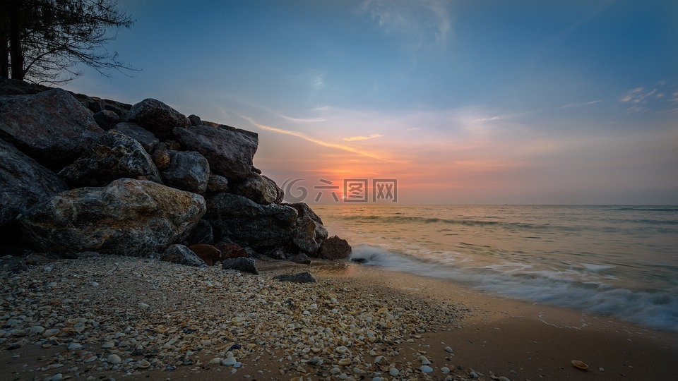 日出,海滩,泰国