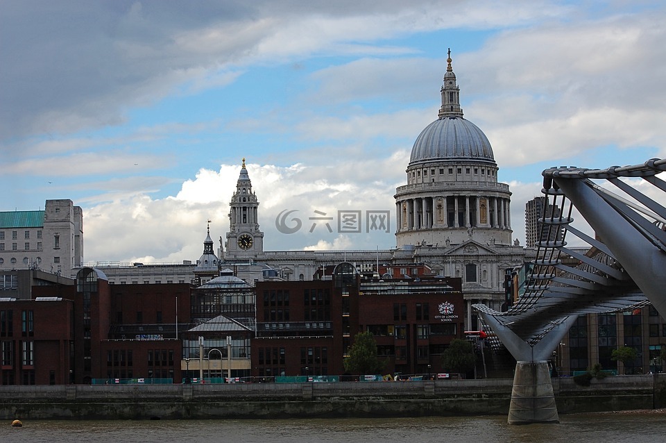 伦敦,千年桥,圣保罗大教堂