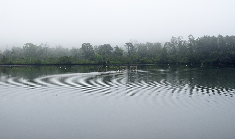 在水的涟漪,梅尔顿湖公园在雾,梅尔顿湖公园