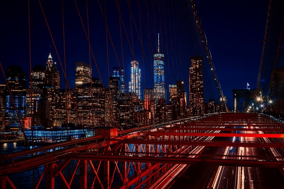 布鲁克林大桥,纽约城,夜