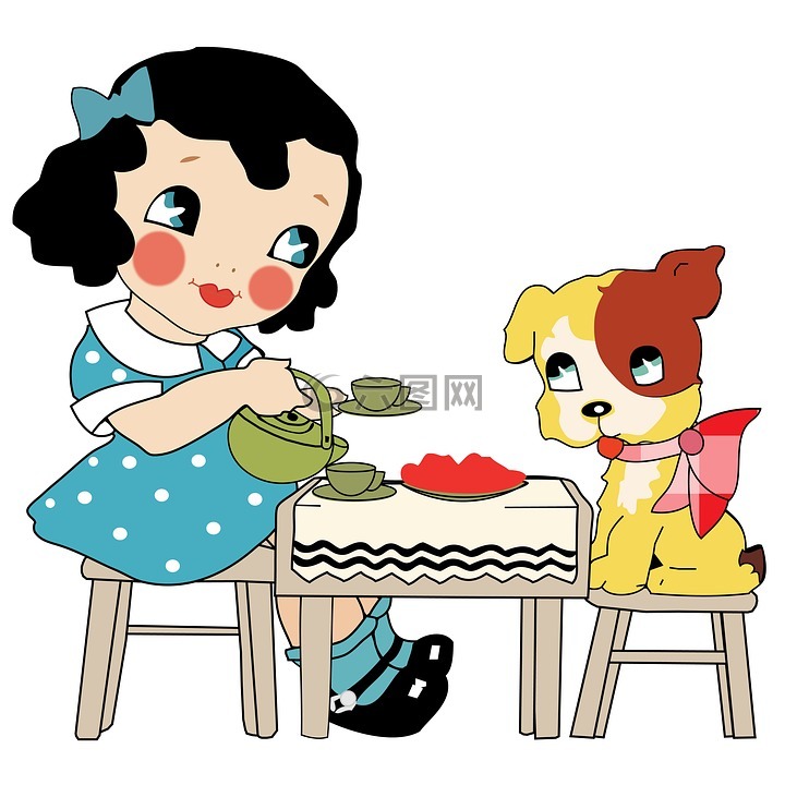 女孩,狗,茶话会