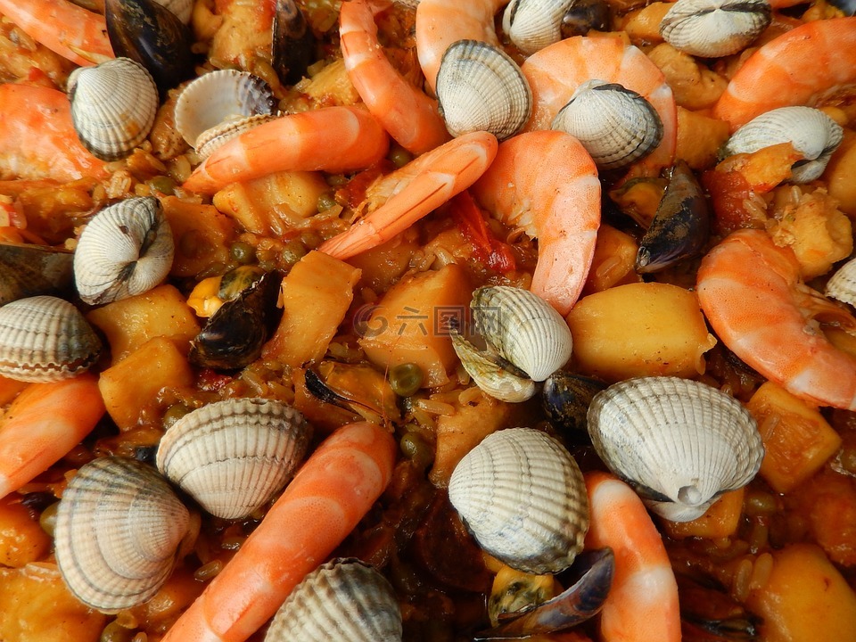 西班牙海鲜饭,虾,甲壳类动物