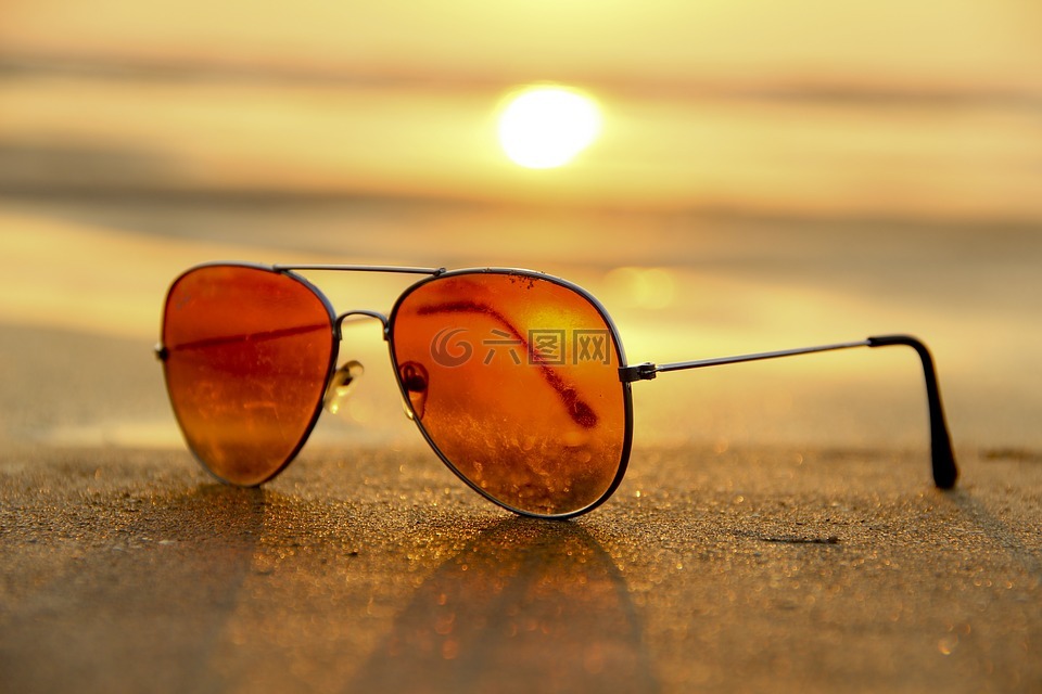 日落,海滩,太阳镜