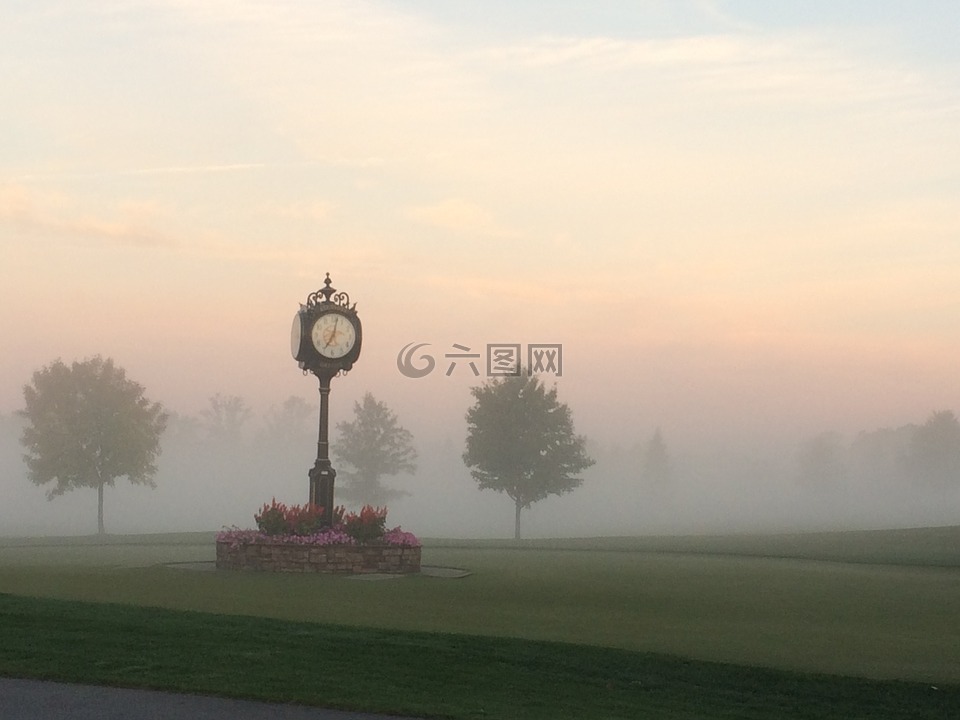 时钟,公园,薄雾