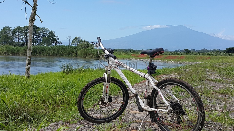 自行车,河,山