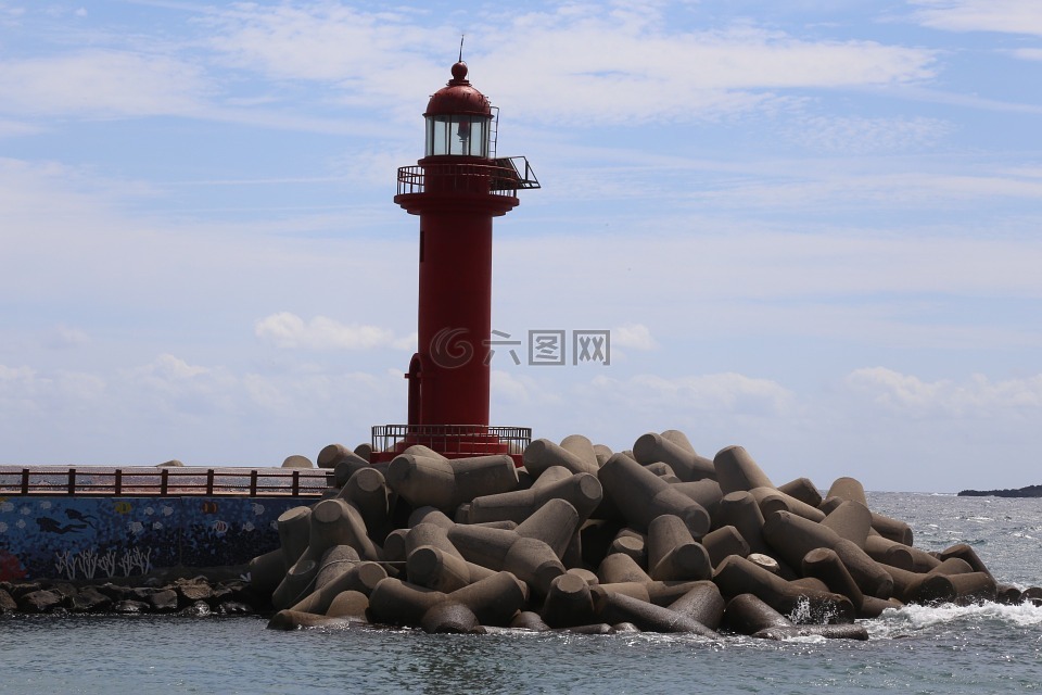 济州岛,红色灯塔,蓝蓝的天空